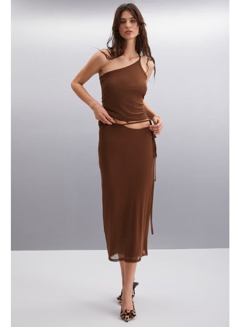 GRIMELANGE Pascale Women's Polyester Asymmetric Collar Slim Brown Blouse - Image 1